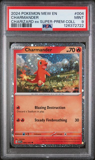 Charmander, Charmeleon, Charizard - Pokemon 151 Cosmos Holo Promos - Sequential Cert Numbers - PSA 9, 9, 8 - Charizard ex Super Premium Collection